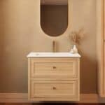 Modern naturel eiken badkamermeubel 80 cm met twee lades en mat witte mineraalstenen wastafel