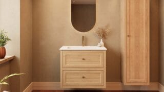Modern naturel eiken badkamermeubel 80 cm met twee lades en mat witte mineraalstenen wastafel