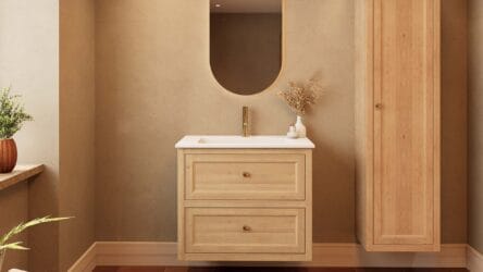 Modern naturel eiken badkamermeubel 80 cm met twee lades en mat witte mineraalstenen wastafel
