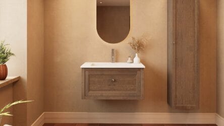 Modern donker eiken badkamermeubel 80 cm met één lade en mat witte mineraalstenen wastafel