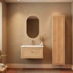 Modern naturel eiken badkamermeubel 80 cm met één lade en mat witte mineraalstenen wastafel
