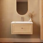 Modern naturel eiken badkamermeubel 80 cm met één lade en mat witte mineraalstenen wastafel