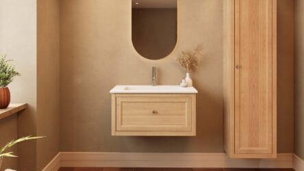 Modern naturel eiken badkamermeubel 80 cm met één lade en mat witte mineraalstenen wastafel