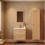 Modern naturel eiken badkamermeubel 70 cm met twee lades en mat witte mineraalstenen wastafel
