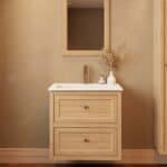 Modern naturel eiken badkamermeubel 70 cm met twee lades en mat witte mineraalstenen wastafel