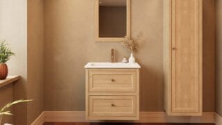 Modern naturel eiken badkamermeubel 70 cm met twee lades en mat witte mineraalstenen wastafel