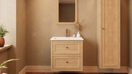Modern naturel eiken badkamermeubel 70 cm met twee lades en mat witte mineraalstenen wastafel