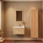 Modern naturel eiken badkamermeubel 70 cm met één lade en mat witte mineraalstenen wastafel