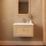 Modern naturel eiken badkamermeubel 70 cm met één lade en mat witte mineraalstenen wastafel
