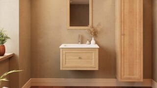 Modern naturel eiken badkamermeubel 70 cm met één lade en mat witte mineraalstenen wastafel
