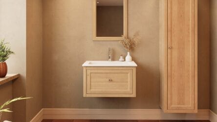 Modern naturel eiken badkamermeubel 70 cm met één lade en mat witte mineraalstenen wastafel