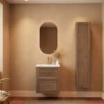 Modern donker eiken badkamermeubel 60 cm met twee lades en mat witte mineraalstenen wastafel