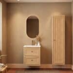 Modern naturel eiken badkamermeubel 60 cm met twee lades en mat witte mineraalstenen wastafel