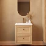 Modern naturel eiken badkamermeubel 60 cm met twee lades en mat witte mineraalstenen wastafel