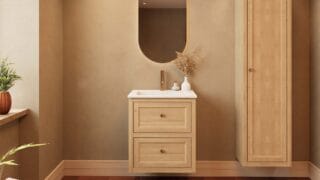 Modern naturel eiken badkamermeubel 60 cm met twee lades en mat witte mineraalstenen wastafel