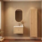 Modern naturel eiken badkamermeubel 60 cm met één lade en mat witte mineraalstenen wastafel
