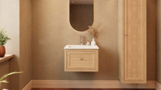 Modern naturel eiken badkamermeubel 60 cm met één lade en mat witte mineraalstenen wastafel