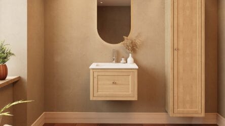 Modern naturel eiken badkamermeubel 60 cm met één lade en mat witte mineraalstenen wastafel