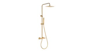 Thermostatische opbouw doucheset in geborsteld goud, geleverd als complete set met handdouche, glijstang en doucheslang. Onderdeel van de Lugano serie, uitgevoerd in massief messing en verkrijgbaar in 6 kleuren. Voorzien van 5 jaar garantie.