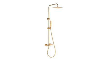 Thermostatische opbouw doucheset in geborsteld goud, geleverd als complete set met handdouche, glijstang en doucheslang. Onderdeel van de Lugano serie, uitgevoerd in massief messing en verkrijgbaar in 6 kleuren. Voorzien van 5 jaar garantie.