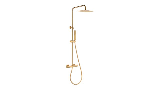 Thermostatische opbouw doucheset in geborsteld goud, geleverd als complete set met handdouche, glijstang en doucheslang. Onderdeel van de Lugano serie, uitgevoerd in massief messing en verkrijgbaar in 6 kleuren. Voorzien van 5 jaar garantie.