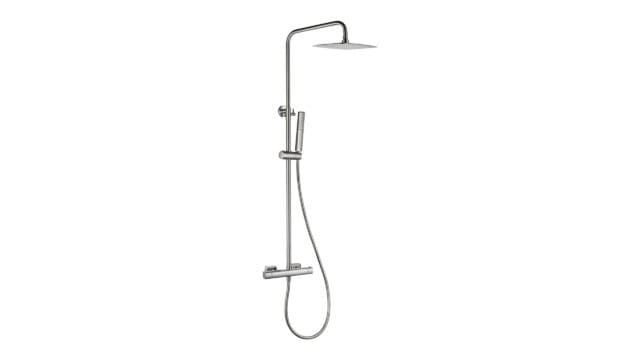 Thermostatische opbouw doucheset in geborsteld nikkel, geleverd als complete set met handdouche, glijstang en doucheslang. Onderdeel van de Lugano serie, uitgevoerd in massief messing en verkrijgbaar in 6 kleuren. Voorzien van 5 jaar garantie.