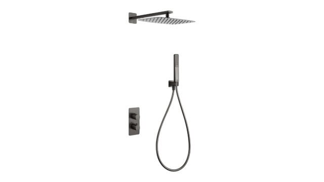 Thermostatische inbouw doucheset in black gun metal met duurzame PVD-coating, geleverd als complete set met handdouche en doucheslang, inclusief inbouwdeel. Uitgevoerd met muuraansluiting. Onderdeel van de Lugano serie, uitgevoerd in massief messing