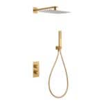 Thermostatische inbouw doucheset in geborsteld goud, geleverd als complete set met handdouche en doucheslang, inclusief inbouwdeel. Uitgevoerd met muuraansluiting. Onderdeel van de Lugano serie, uitgevoerd in massief messing en verkrijgbaar in 6 kleu