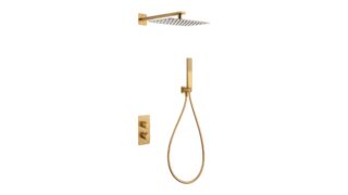 Thermostatische inbouw doucheset in geborsteld goud, geleverd als complete set met handdouche en doucheslang, inclusief inbouwdeel. Uitgevoerd met muuraansluiting. Onderdeel van de Lugano serie, uitgevoerd in massief messing en verkrijgbaar in 6 kleu