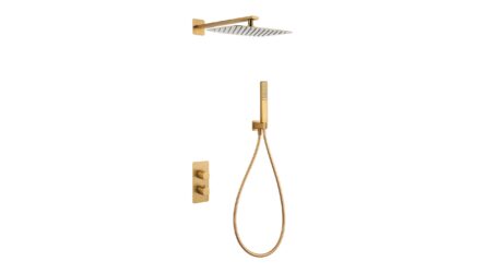 Thermostatische inbouw doucheset in geborsteld goud, geleverd als complete set met handdouche en doucheslang, inclusief inbouwdeel. Uitgevoerd met muuraansluiting. Onderdeel van de Lugano serie, uitgevoerd in massief messing en verkrijgbaar in 6 kleu