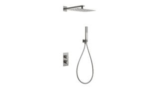 Thermostatische inbouw doucheset in geborsteld nikkel, geleverd als complete set met handdouche en doucheslang, inclusief inbouwdeel. Uitgevoerd met muuraansluiting. Onderdeel van de Lugano serie, uitgevoerd in massief messing en verkrijgbaar in 6 kl