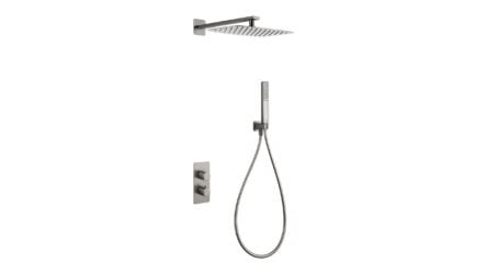 Thermostatische inbouw doucheset in geborsteld nikkel, geleverd als complete set met handdouche en doucheslang, inclusief inbouwdeel. Uitgevoerd met muuraansluiting. Onderdeel van de Lugano serie, uitgevoerd in massief messing en verkrijgbaar in 6 kl