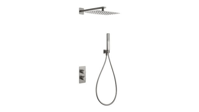 Thermostatische inbouw doucheset in geborsteld nikkel, geleverd als complete set met handdouche en doucheslang, inclusief inbouwdeel. Uitgevoerd met muuraansluiting. Onderdeel van de Lugano serie, uitgevoerd in massief messing en verkrijgbaar in 6 kl