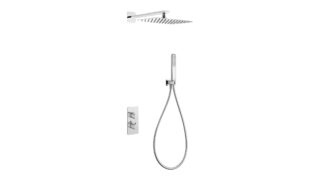 Thermostatische inbouw doucheset in chroom, geleverd als complete set met handdouche en doucheslang, inclusief inbouwdeel. Uitgevoerd met muuraansluiting. Onderdeel van de Lugano serie, uitgevoerd in massief messing en verkrijgbaar in 6 kleuren. Voor
