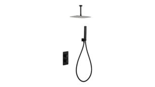 Thermostatische inbouw doucheset in mat zwart, geleverd als complete set met handdouche en doucheslang, inclusief inbouwdeel. Uitgevoerd met plafondaansluiting. Onderdeel van de Lugano serie, uitgevoerd in massief messing en verkrijgbaar in 6 kleuren