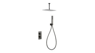 Thermostatische inbouw doucheset in black gun metal met duurzame PVD-coating, geleverd als complete set met handdouche en doucheslang, inclusief inbouwdeel. Uitgevoerd met plafondaansluiting. Onderdeel van de Lugano serie, uitgevoerd in massief messi
