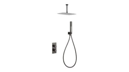 Thermostatische inbouw doucheset in black gun metal met duurzame PVD-coating, geleverd als complete set met handdouche en doucheslang, inclusief inbouwdeel. Uitgevoerd met plafondaansluiting. Onderdeel van de Lugano serie, uitgevoerd in massief messi