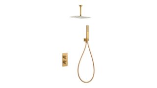Thermostatische inbouw doucheset in geborsteld goud, geleverd als complete set met handdouche en doucheslang, inclusief inbouwdeel. Uitgevoerd met plafondaansluiting. Onderdeel van de Lugano serie, uitgevoerd in massief messing en verkrijgbaar in 6 k