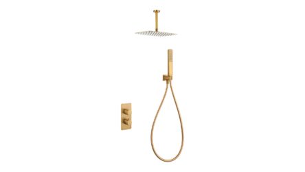 Thermostatische inbouw doucheset in geborsteld goud, geleverd als complete set met handdouche en doucheslang, inclusief inbouwdeel. Uitgevoerd met plafondaansluiting. Onderdeel van de Lugano serie, uitgevoerd in massief messing en verkrijgbaar in 6 k