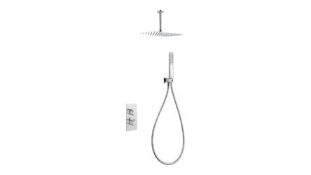 Thermostatische inbouw doucheset in chroom, geleverd als complete set met handdouche en doucheslang, inclusief inbouwdeel. Uitgevoerd met plafondaansluiting. Onderdeel van de Lugano serie, uitgevoerd in massief messing en verkrijgbaar in 6 kleuren. V