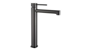 Verhoogde wastafelkraan in black gun metal met duurzame PVD-coating. Onderdeel van de Lugano serie, ambachtelijk uit één stuk massief messing vervaardigd en verkrijgbaar in 6 kleuren. Voorzien van 5 jaar garantie.