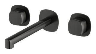 2-hendel inbouw muurwastafelkraan in black gun metal met duurzame PVD-coating, geleverd inclusief inbouwdeel. Onderdeel van de Lugano serie, ambachtelijk uit één stuk massief messing vervaardigd en verkrijgbaar in 6 kleuren. Voorzien van 5 jaar garan