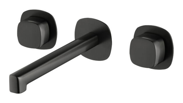 2-hendel inbouw muurwastafelkraan in black gun metal met duurzame PVD-coating, geleverd inclusief inbouwdeel. Onderdeel van de Lugano serie, ambachtelijk uit één stuk massief messing vervaardigd en verkrijgbaar in 6 kleuren. Voorzien van 5 jaar garan