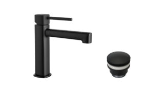 Wastafelkraan laag in mat zwart, geleverd als complete set inclusief bijpassende clickwaste. De clickwaste is een handige pop-up afvoer die je eenvoudig opent en sluit door erop te drukken. Onderdeel van de Lugano serie, ambachtelijk uit één stuk mas