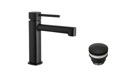 Wastafelkraan laag in mat zwart, geleverd als complete set inclusief bijpassende clickwaste. De clickwaste is een handige pop-up afvoer die je eenvoudig opent en sluit door erop te drukken. Onderdeel van de Lugano serie, ambachtelijk uit één stuk mas