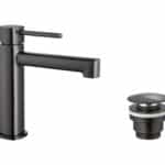 Wastafelkraan laag in black gun metal met duurzame PVD-coating, geleverd als complete set inclusief bijpassende clickwaste. De clickwaste is een handige pop-up afvoer die je eenvoudig opent en sluit door erop te drukken. Onderdeel van de Lugano serie