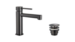 Wastafelkraan laag in black gun metal met duurzame PVD-coating, geleverd als complete set inclusief bijpassende clickwaste. De clickwaste is een handige pop-up afvoer die je eenvoudig opent en sluit door erop te drukken. Onderdeel van de Lugano serie