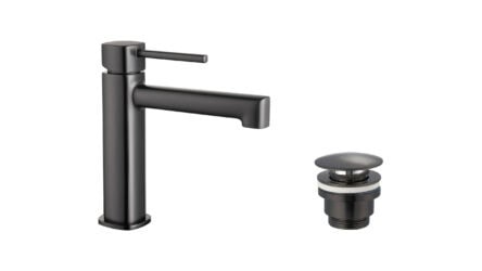 Wastafelkraan laag in black gun metal met duurzame PVD-coating, geleverd als complete set inclusief bijpassende clickwaste. De clickwaste is een handige pop-up afvoer die je eenvoudig opent en sluit door erop te drukken. Onderdeel van de Lugano serie