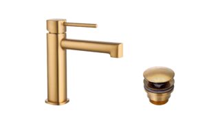 Wastafelkraan laag in geborsteld goud, geleverd als complete set inclusief bijpassende clickwaste. De clickwaste is een handige pop-up afvoer die je eenvoudig opent en sluit door erop te drukken. Onderdeel van de Lugano serie, ambachtelijk uit één st
