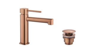 Wastafelkraan laag in geborsteld koper, geleverd als complete set inclusief bijpassende clickwaste. De clickwaste is een handige pop-up afvoer die je eenvoudig opent en sluit door erop te drukken. Onderdeel van de Lugano serie, ambachtelijk uit één s